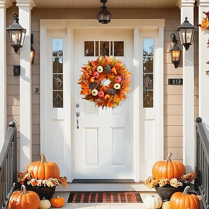 Fall Decor - Fall Wreaths for Front Door Outside, 20 Inch Fall Door Wreath, Handcrafted Autumn Wreath with Colorful Pumpkins Maple Leaves, Fall Decorations for Home Front Door Porch Thanksgiving Decor
