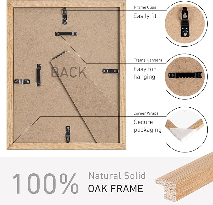 8x10 Picture Frame Set of 4 Natural Solid Oak Photo Frames with 5x7 Removable Mat Wall Hanging Large Handcrafted Frame with HD Plexiglass Wall and Tabletop Display Large Poster Frame