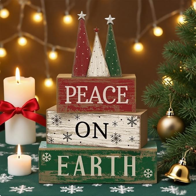 4 Pcs Christmas Table Decoration Wooden Christmas Tree Sign Winter Tiered Tray Decor Decorative Red Green and White Tree Block Signs Xmas Table Centerpiece Farmhouse Decor for Home Kitchen