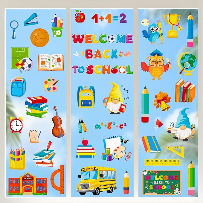 9 Sheets Back to School Window Clings, Double-Sided Window Clings for Classroom, Bus Apple Pencil First Day of School Book Window Stickers for First Day of School Decorations Supplies Decor