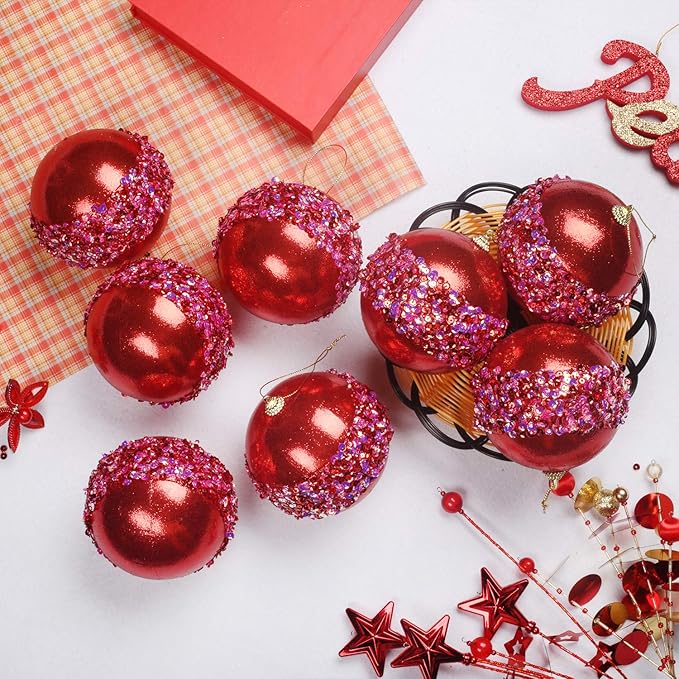 4" Christmas Ball Ornaments, 4pc Set Red Shatterproof Christmas Decorations Tree Balls for Xmas Trees Wedding Party Holiday Decorations