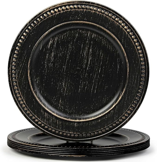 13" Vintage Charger Plates Set of 6, Beaded Charger & Service Plates, Chargers for Dinner Plates Bulk Wedding Christmas Event Holiday, Elegant Table Setting Centerpieces, Black