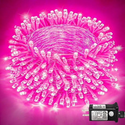 250 LED Pink String Lights Outdoor, 82ft Pink Christmas Lights 8 Modes Lights Clear Wire, Plug in Waterproof Fairy String Lights for Bedroom Christmas Decorations