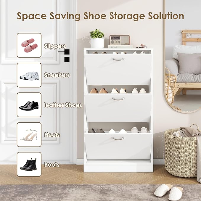 Shoe Storage Cabinet Set of 2 with 3 Flip Drawers, Narrow Shoe Cabinet Freestanding Slim Shoe Storage Organizer for Entryway, Hallway, Entrance, Bedroom, Living Room, White