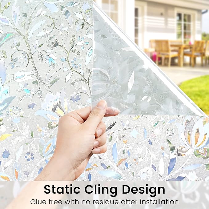 DOWELL Window Privacy Film, 3D Stained Glass Rainbow Films, Decorative Window Vinyl Sun Blocker Door Covering, Static Cling Non-Adhesive Glass Sticker for Home, Blooming Flowers, 23.6"x118.1"