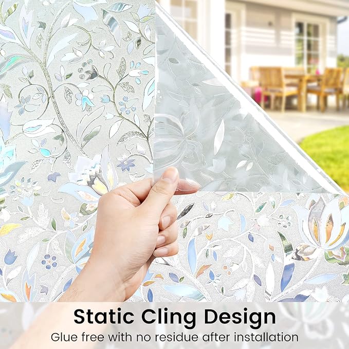 DOWELL Window Privacy Film, 3D Stained Glass Rainbow Films, Decorative Window Vinyl Sun Blocker Door Covering, Static Cling Non-Adhesive Glass Sticker for Home, Blooming Flowers, 35.4"x157.4"