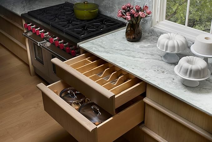 Rev-A-Shelf Trim-to-Fit Silverware Drawer Organizer For Kitchen Utensils, Cutlery Cabinet Storage Divider Insert, 33" x 22", Maple Wood, 4WUTCT-36-1