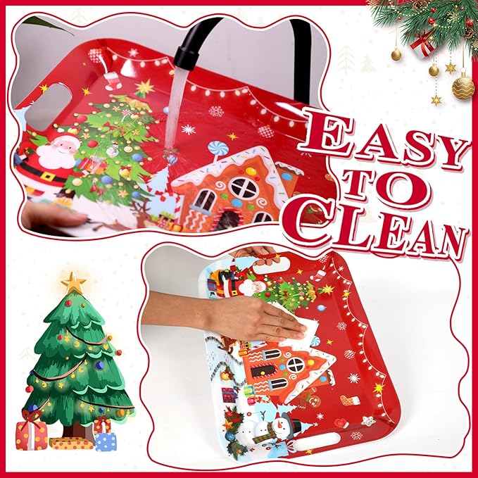 gisgfim 2PCS Christmas Serving Tray with Handles 16 X 11 Inch Large Melamine Platter Serving Dishes Rectangular Xmas Tree Santa Snowman Gingerbread House Food Tray for Snack Cookie Candy Dessert Plate
