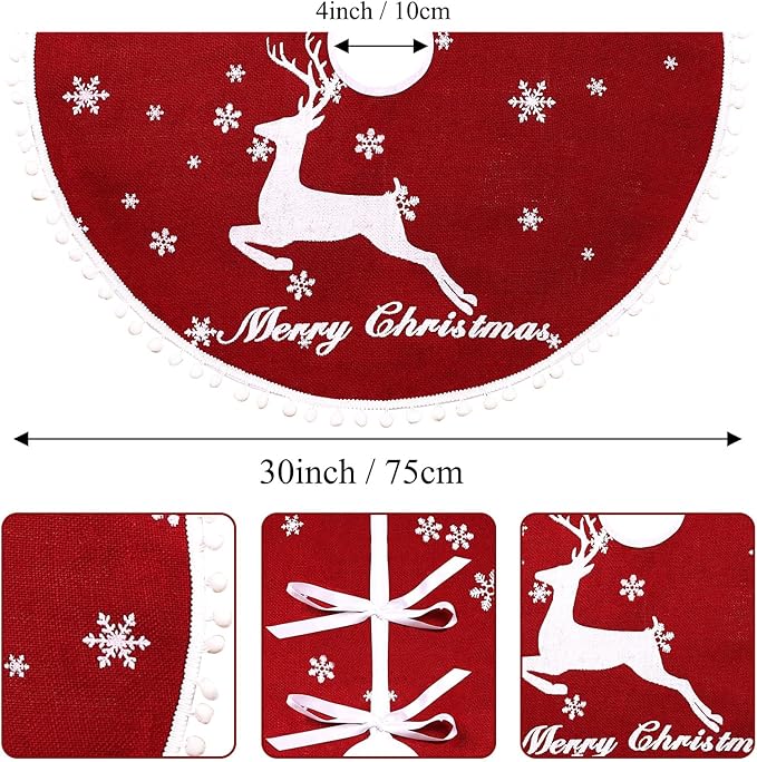 30 Inch Christmas Tree Skirt, Burlap Red Christmas Rustic Tree Skirt with Elk Deer and White Snowflake Printed for Holiday Party Xmas Tree Decoration