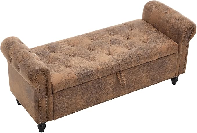 Furniliving 55” End of Bed Bench, Bedroom Bench with Button-Tufted, Large Upholstered Storage Ottoman Entryway Bench with Storage Shoe Cabinet Bench, for Bedroom, PU, Coffee