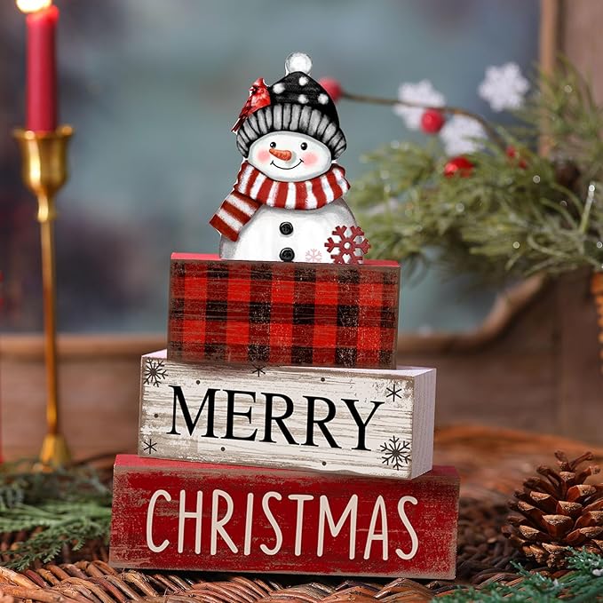 4 Pcs Christmas Table Decoration Wooden Snowman Christmas Tiered Tray Decor Red Buffalo Plaid Block Signs Snowman Table Centerpiece Farmhouse Winter Decoration for Home Kitchen Shelf