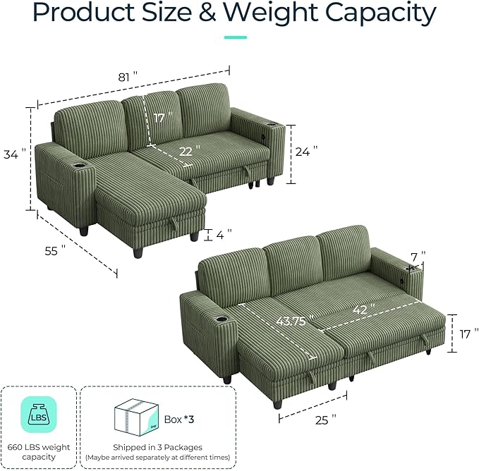 LINSY HOME Sectional Sleeper Sofa with Pull Out Couch Bed Convertible Plush Corduroy Cloud Couch with Storage Chaise & USB Charging, Comfy L Shaped Modular Couches for Living Room Apartment (Green)