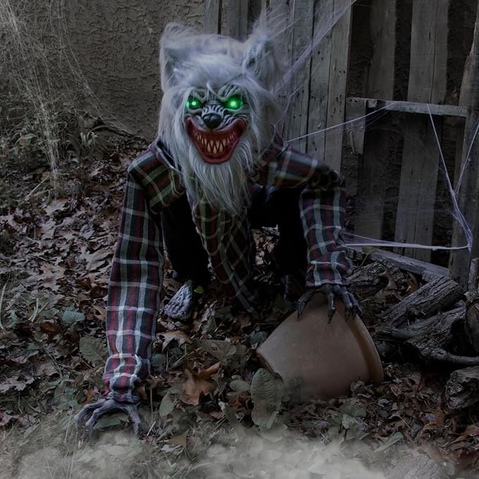 Haunted Hill Farm Squatting Werewolf Animatronic with Movement,Sounds,and Light-Up Eyes for Scary Halloween Decoration,24 x 18 x 30