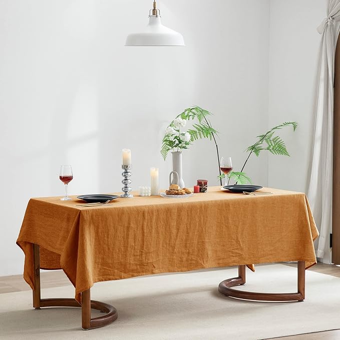 EVERLY 100% Pure Linen Rectangle Tablecloths 60x120Inches for Dining,Buffet Parties,Picnic,Events,Weddings and Restaurants,Decorative Halloween,Thanksgiving Machine Washable Tablecloths-Caramel