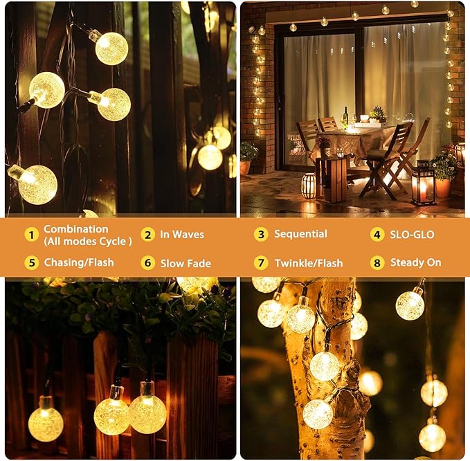 Outdoor Solar String Lights, 2x46FT 66LED 8Modes Crystal Solar Powered Christmas Fairy String Lights Waterproof for Outside Yard Fence Easter Holiday Party Garden Decor 2Pack(Warm White)