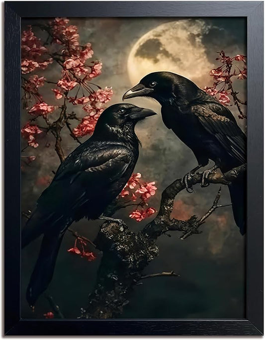 Black Wood Framed Halloween Canvas Wall Art Painting, Vintage Black Crow Cherry Blossom Wall Decor Picture, Dark Academia Gothic Poster Print Photo for Living Room Bedroom Office Decor 8x10 Inch