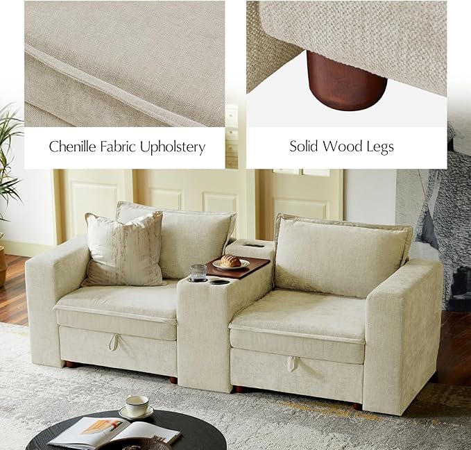 HULALA HOME Modular Sectional Sofa with USB Port and Console, 8 Seater Sofa with Storage Ottoman, Oversized L Shaped Couches for Living Room, FSC Certified, Beige