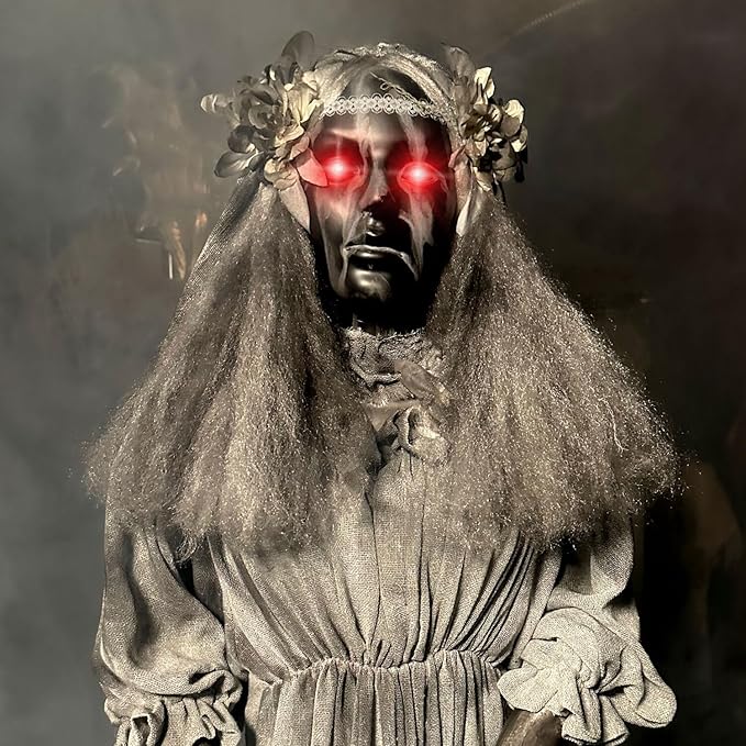 Haunted Hill Farm Lifesize Animatronic Scary Haunted Lady Statue with Touch Activated Lights and Sound, Battery-Operated Indoor or Covered Outdoor Halloween Decoration
