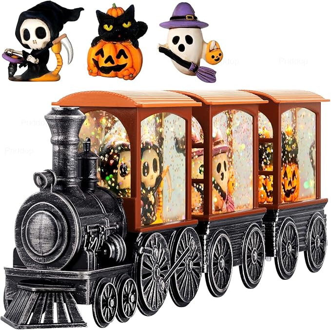 Halloween Snow Globe Train Skeleton Reaper Black Cat Pumpkin Ghost Classic Relief Texture Battery Powered LED Glitter Halloween Decorations Indoor