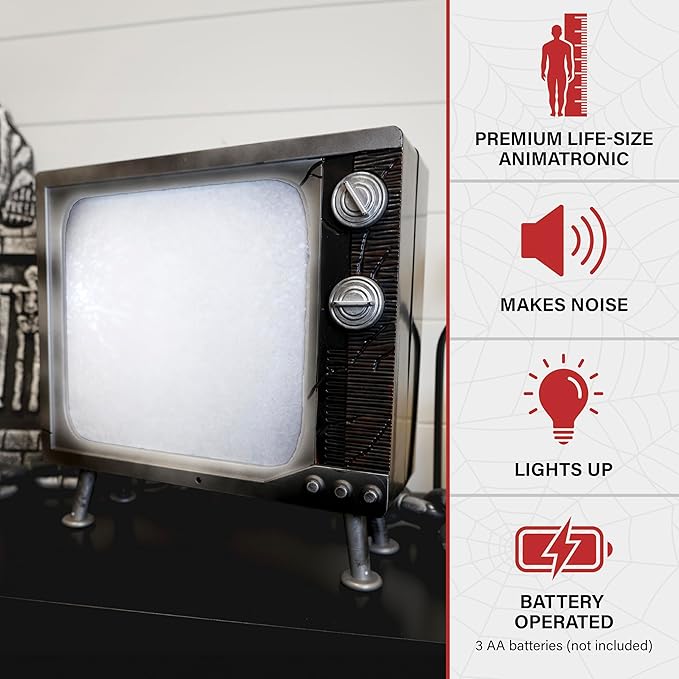 Haunted Hill Farm Haunted TV by Tekky, Battery-Operated, Motion Activated Animatronic Television with Sound Effects and Lights for Indoor or Covered Outdoor Creepy Halloween Decoration, 11" Haunted Tv