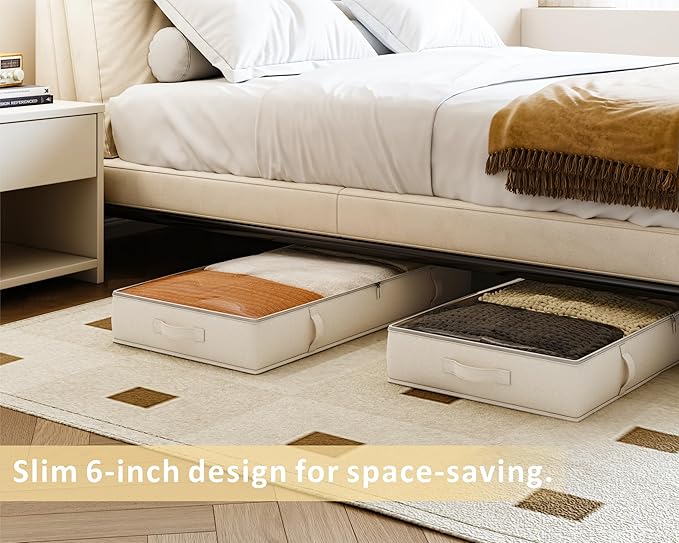 Vailando Under Bed Storage Containers, Underbed Storage Bins with 6 Inches Tall, Clothes Storage Box with Sturdy Handles and Sidewalls, Beige, 2-Pack
