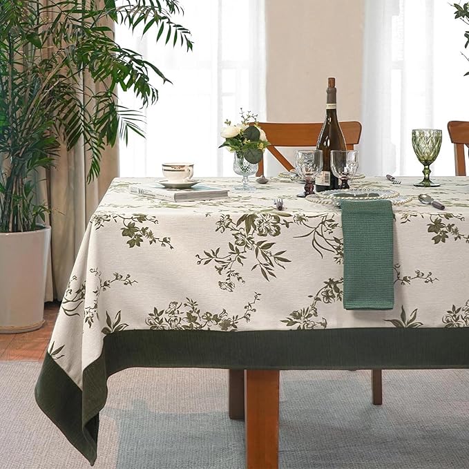 French Jacquard Rectangle Tablecloth, Wrinkle Free Green Table Cloth with Vintage Edge, Floral Outdoor Table Cover for Dining, Farmhouse, Wedding - 60''x108''