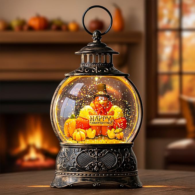Fall Snow Globe Lantern with Autumn Turkey and Pumpkins Thanksgiving LED Decor for Home, Indoor Tabletop Centerpiece with Glitter Flakes, Harvest Light Decorations