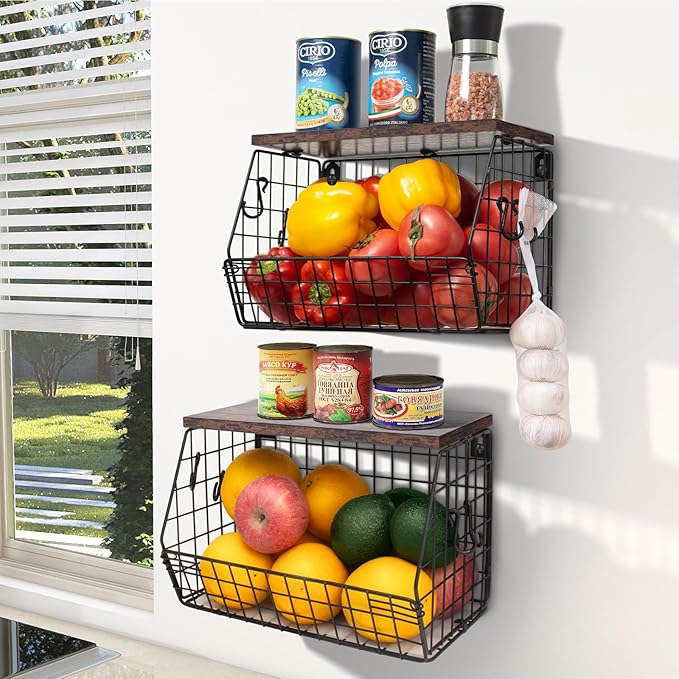 Fruit Bowl, Stackable Wall Mounted Fruit Basket of Smooth Wood Lid with 4 Banana Hanger Hooks, Metal Kitchen Counter Organizer for Snack, Fruit and Vegetable Storage, 11.8 * 7.9 * 8.5 Inches
