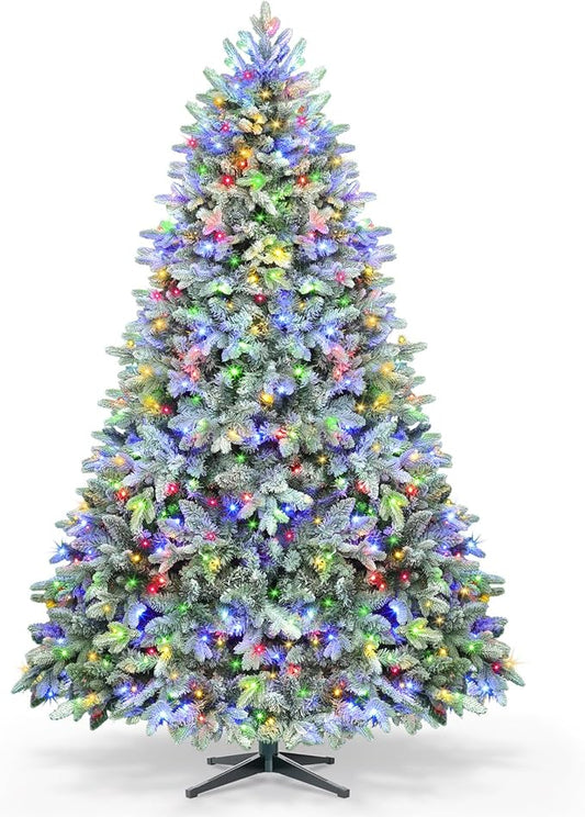 7.5ft Pre-lit Artificial Christmas Tree with Remote, Snow Flocked Xmas Trees Rotating & Foldable Stand, RGB & Warm White Light for Home Decor