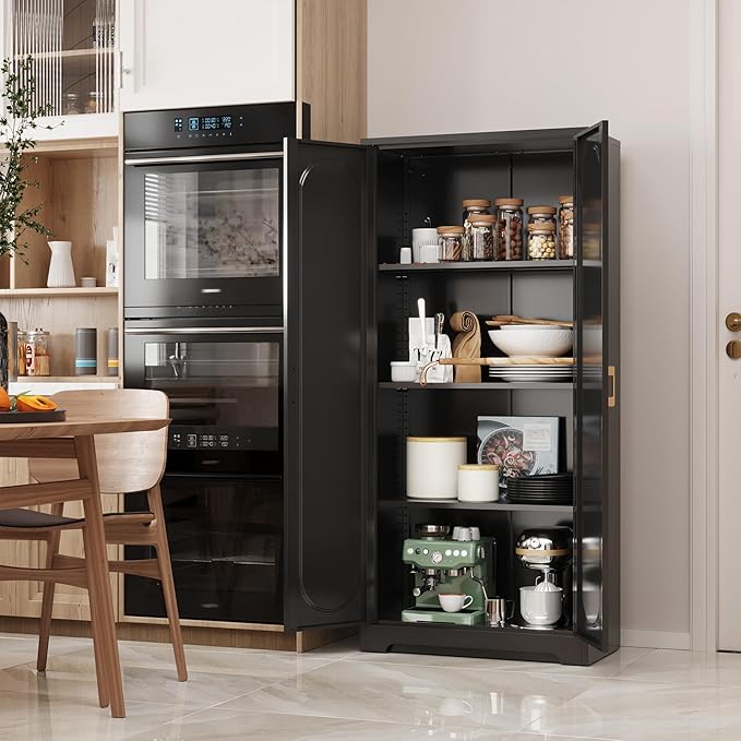 Metal Kitchen Storage Cabinets,60”Pantry Cabinet with Doors and 4 Adjustable Shelves,Tall Black Cabinet for Pantry, Laundry Room,Living Room,Dinning Room