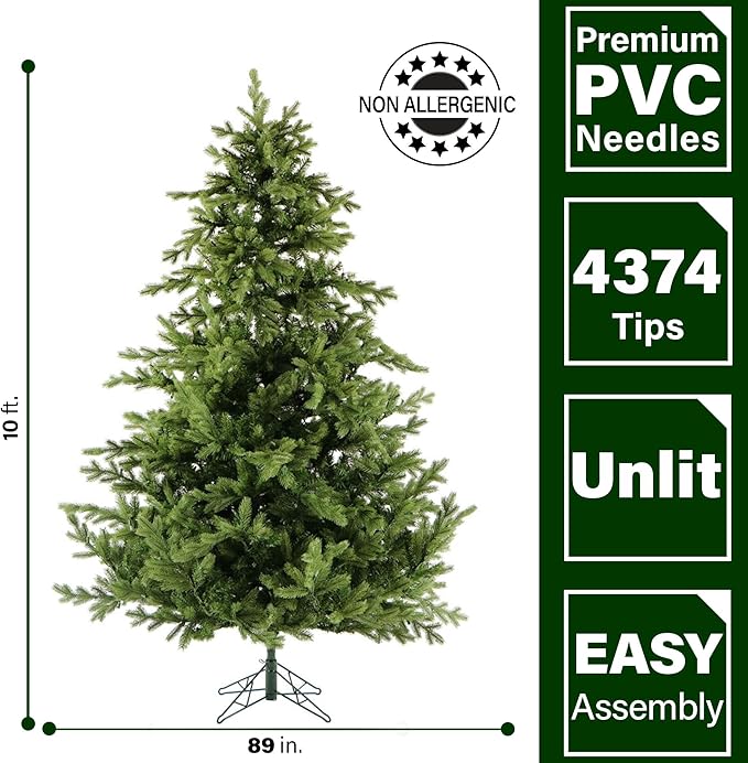 Fraser Hill Farm 10-Ft. Foxtail Pine Artificial Christmas Tree with Stand, Unlit Foldable Fake Tree with Realistic Foliage for Home Decoration