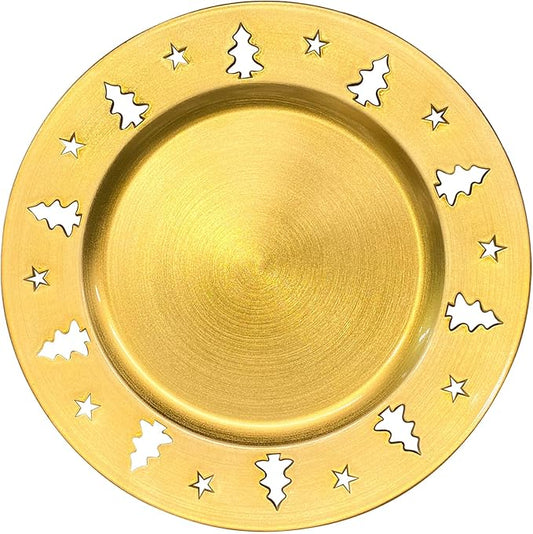 Gold Christmas Tree Charger Plates - 13" Reusable Openwork Holidays Party Decorations Round Chargers for Dinner Plate - Elegant Table Setting Centerpieces 6 Pack