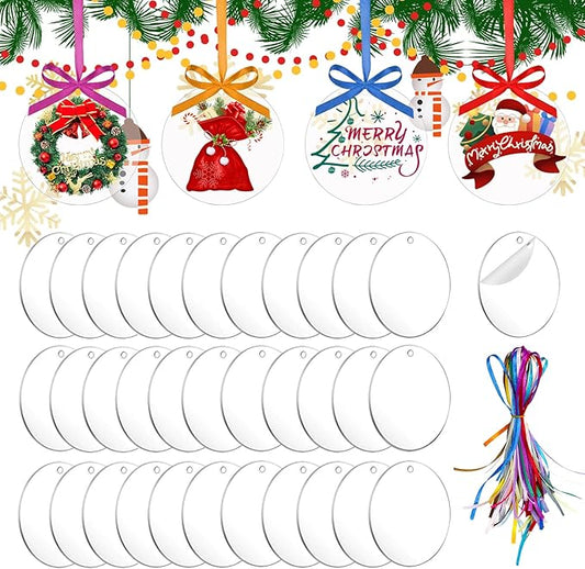 40 Pieces Christmas Hanging Ornaments Set 3''Christmas Ornament Acrylic Blank with 50Pcs 25 Color Ribbons for Christmas Tree DIY Decor (Classic Circle, 40.00)