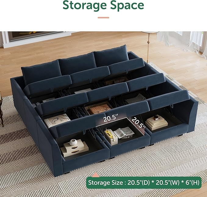 HONBAY Sectional Sleeper Sofa Velvet Sectional Sleeper Couch with Storage Modular Sleeper Sectional Sofa Couch for Living Room,Dark Blue