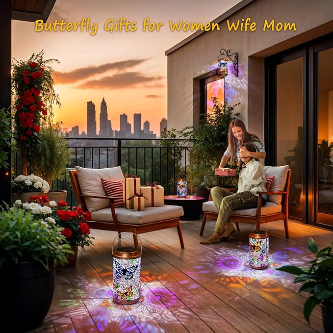 2Pack Solar Lanterns Outdoor Waterproof Colorful Butterfly Garden Gifts for Women, Multicolor Solar Outside Lights Patio Lantern for Yard, Backyard, Porch, Mothers Day Gifts for Mom Grandma Wife