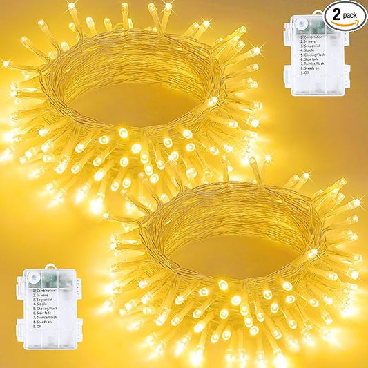 2 Pack String Lights Battery Operated with Timer, 33FT 100 LED Waterproof Battery Twinkle Lights, 8 Modes Fairy Light for Indoor & Outdoor Party Bedroom Garland Tree Christmas Decorations (Warm White)