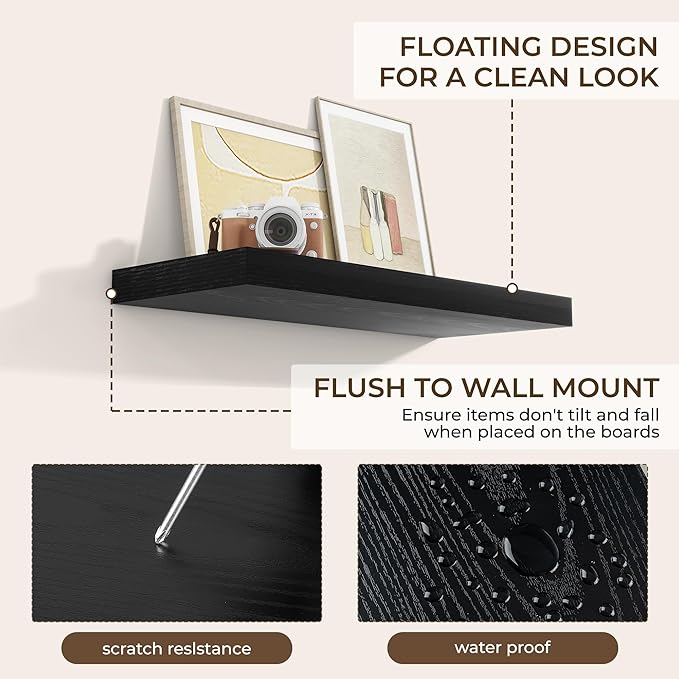 RICHFOCUS 31.5Inch Floating Shelves for Wall 2 Pack Shelves for Bedroom|Kitchen|Bathroom Wall Mounted Rustic Wood Floating Shelf with Invisible Brackets for Books|Storage|Decor, Black