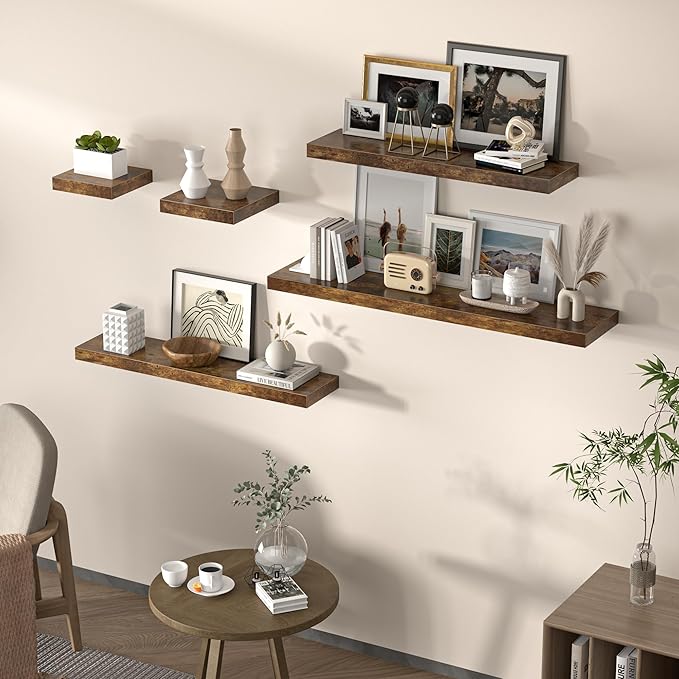 Floating Shelves for Wall, 72" W x 9.3" D x 1.5" H, Long Wooden Wall Mounted Display Shelf with Invisible Brackets for Living Room, Bedroom, Bathroom, Kitchen & Storage, Set of 1, Rustic Brown