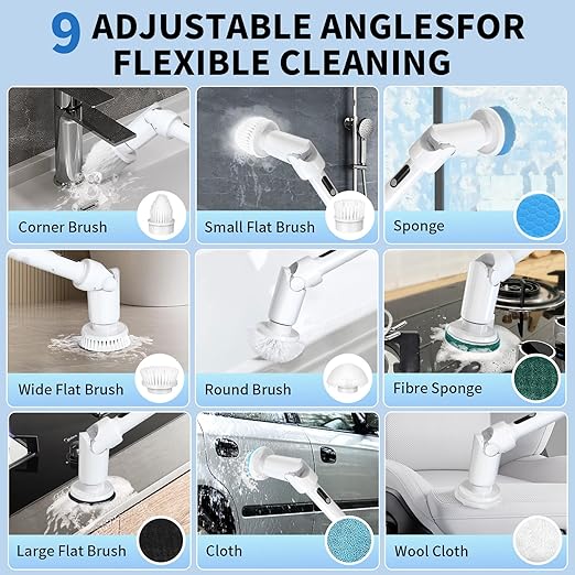 Electric Spin Scrubber - Cordless Cleaning Brush with Digital Display, 2 Speeds, 8 Brush Heads, IPX7 Waterproof, Adjustable Long Handle for Bathroom, Tub, Tile, Shower, and Car（Grey）