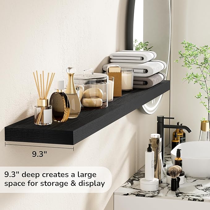 Fun Memories 55 Inch Floating Shelves - 9 Inch Deep Rustic Wooden Wall Shelves - Extra Deeper & Thicker Wall Mounted Storage Shelf for Living Room Kitchen Farmhouse - Rustic Black