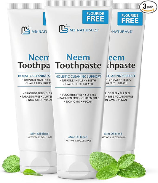 Fluoride-Free Neem Toothpaste with Mint for Adults & Kids with Sensitivity | Vegan, Gluten & SLS Free Herbal Formula for Sensitive Teeth, Healthy Gums and Fresh Breath, 4.23 oz (120g) Pack of 3 by M3