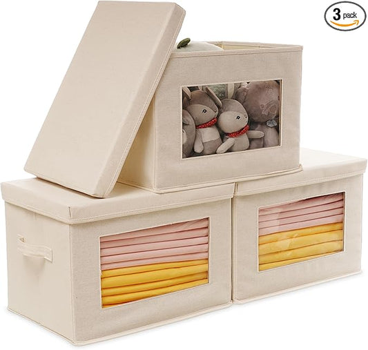 Citylife 3 Pack Storage Bins with Lids, Fabric Foldable Storage Bins with Soft Cord Handles, Canvas Storage Bin with Lid for Organizing Clothes, Blankets and Books, Beige