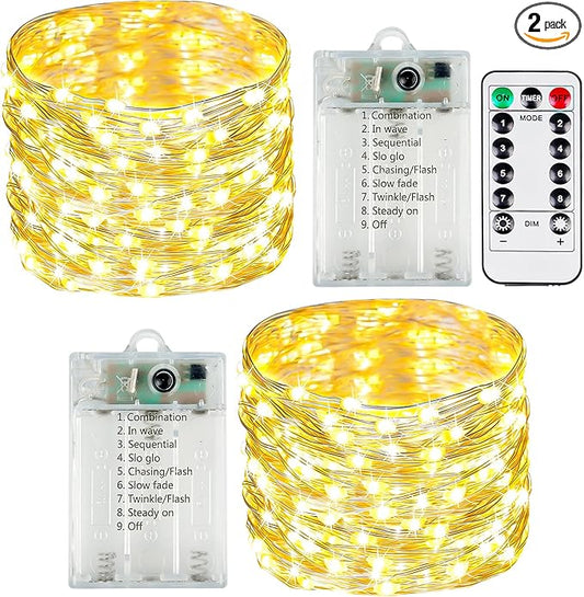 2 Pack Fairy Lights Battery Operated with Remote Control Timer, LED String Lights Outdoor Indoor, 8 Mode Twinkle Lights for Christmas Party Wedding Birthday Bedroom Décor (Warm White)