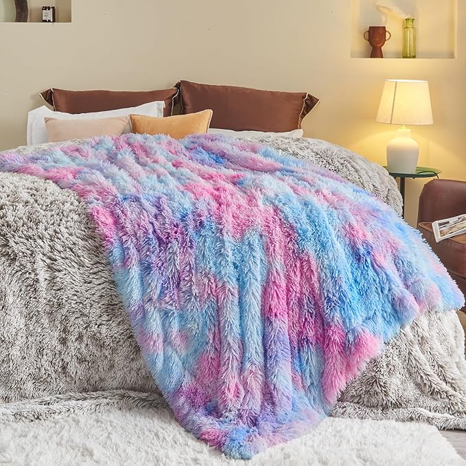 GONAAP Fuzzy Faux Fur Throw Blanket Twin Size Purple Rainbow Super Soft Cozy Plush Fuzzy Shaggy Blanket for Couch Sofa Bed (Purple Rainbow, Twin(60"x80"))