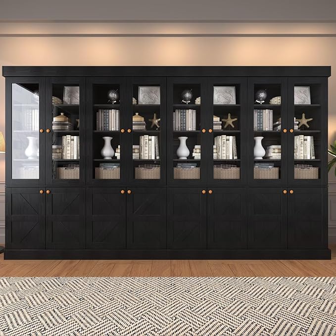 Vyre 71" Tall Farmhouse Bookshelves with Glass Doors, Set of 4 – Large Modular Bookcase with Adjustable Shelves, Storage Cabinet for Living Room, Kitchen, Home Office, Black