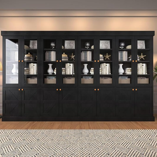 Vyre 71" Tall Farmhouse Bookshelves with Glass Doors, Set of 4 – Large Modular Bookcase with Adjustable Shelves, Storage Cabinet for Living Room, Kitchen, Home Office, Black