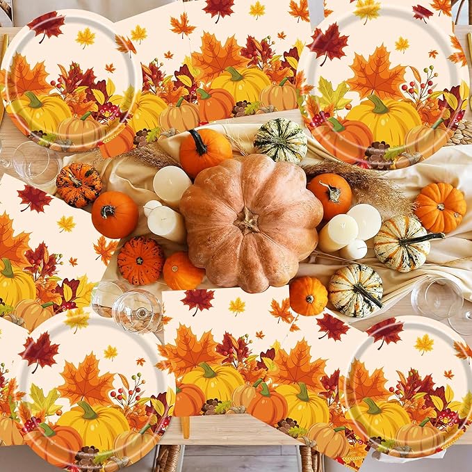 Fall Party Supplies - 96 Pcs Thanksgiving Paper Plates and Napkins, Forks, Pumpkin Autumn Disposable Tableware Set for Harvest Party Decorations