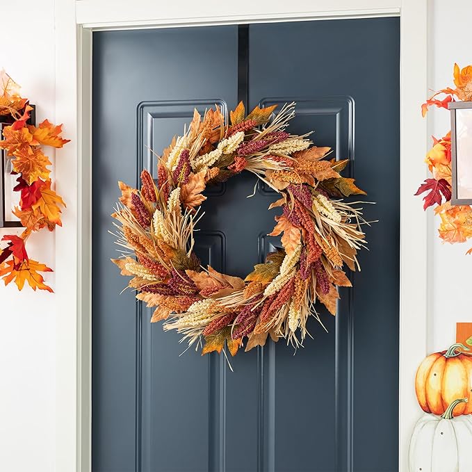 Glitzhome 24" D Fall Sorghum Wreath with Metal Hanger, Harvest Wreath for Front Door, Fall Door Wreaths for Indoor Outdoor Thanksgiving Harvest Holiday Decorations