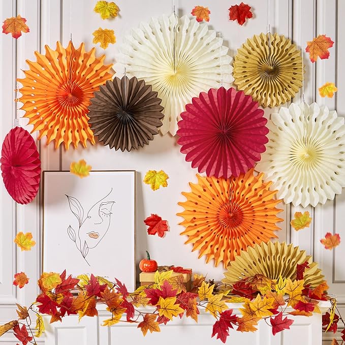 Fall Party Decorations, 9 Pcs Fall Paper Fans, 100 Pcs Artificial Maple Leaves and Fall Leaves Garland, Orange, Red, Ivory Colors for Thanksgiving, Harvest, Fall Wedding, Home Decor