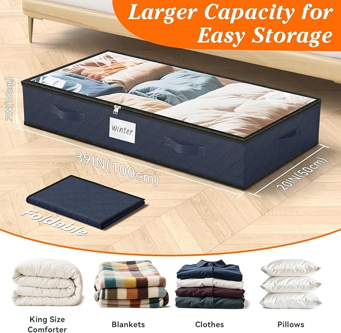 SpaceWhisper 90L Under Bed Storage Containers, 4-Pack Storage Bins with Clear Top, Foldable Closet Organizers and Storage with Label Holder for Clothing, Blankets, Comforter & Pillows(Blue)